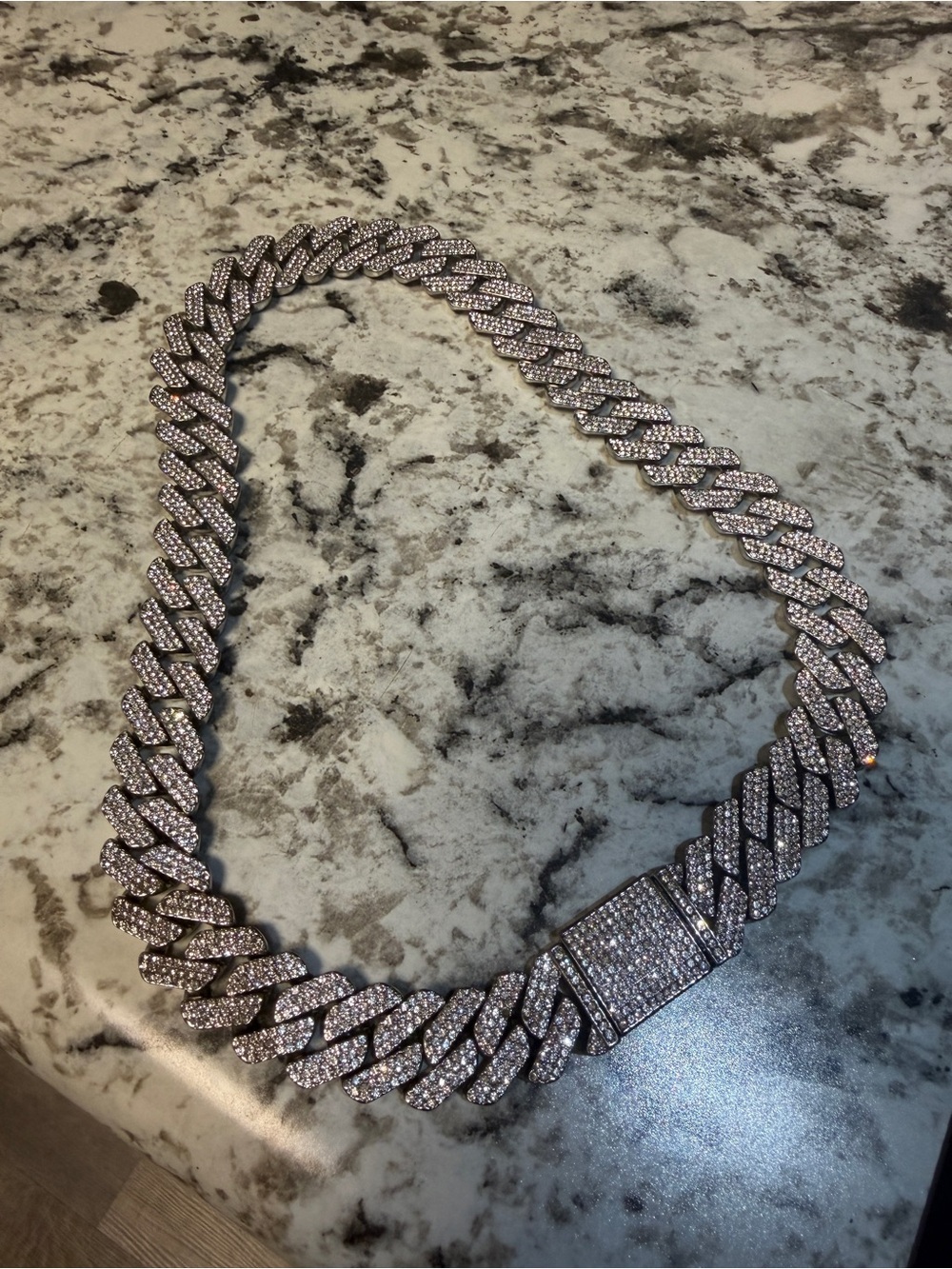 22 inch Silver Rhinestone Iced Out Cuban Link Chain Necklace, Moissanite